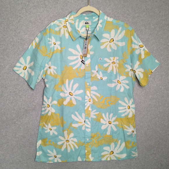New Quiksilver Mens L Floral Button Up Shirt Short Sleeve Stretch Beach Vacation - Picture 1 of 7